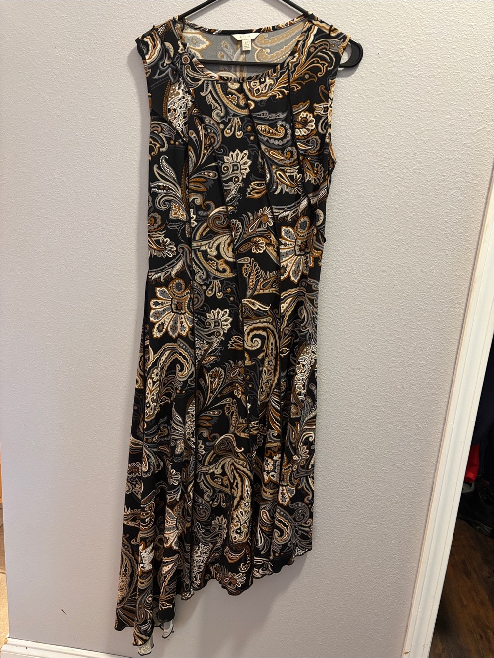 Sleeveless Black Paisley Asymmetrical Dress with Gold Accents
